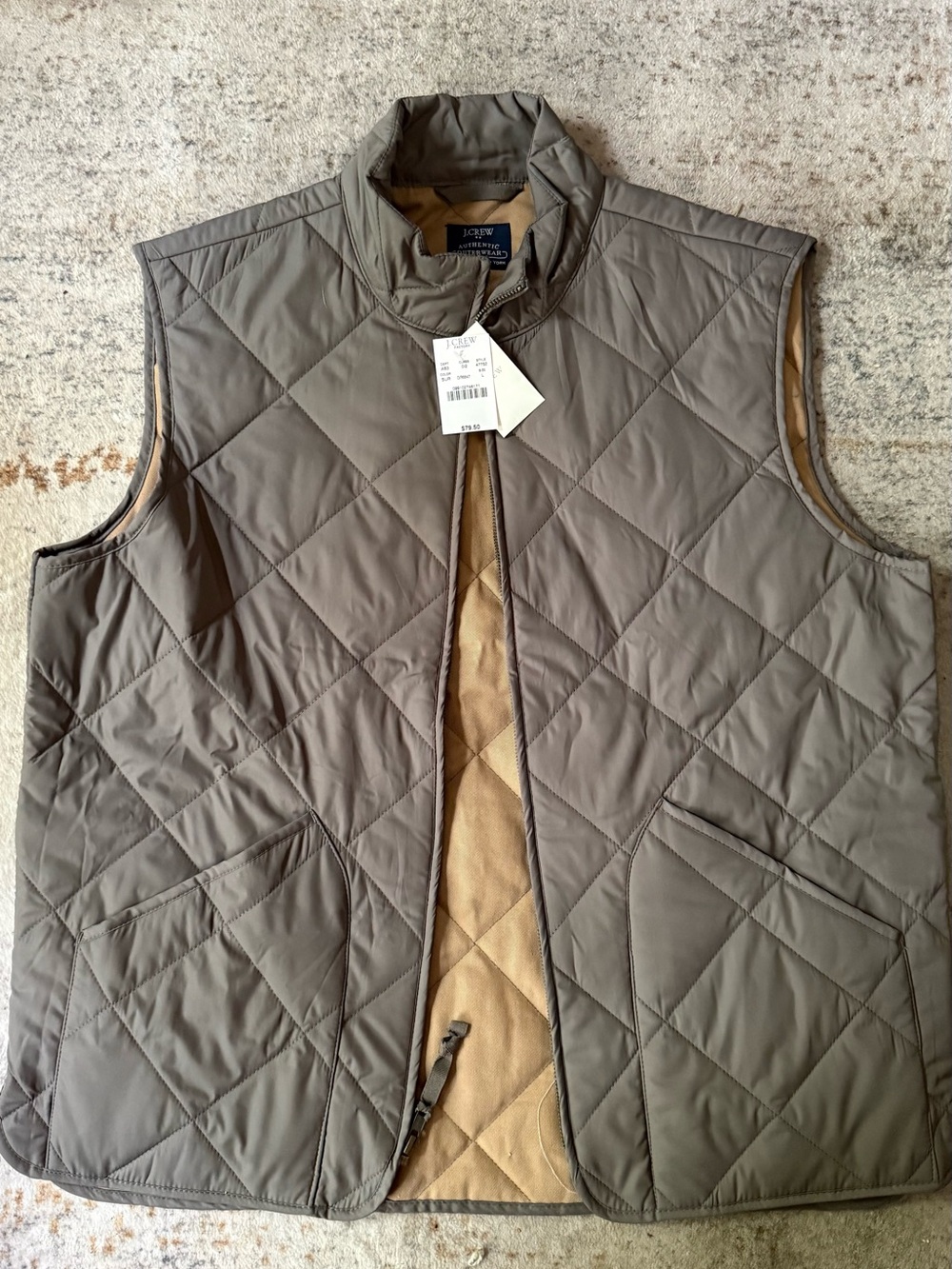 J. Crew Quilted Sleeveless Vest in Taupe with Tan Lining